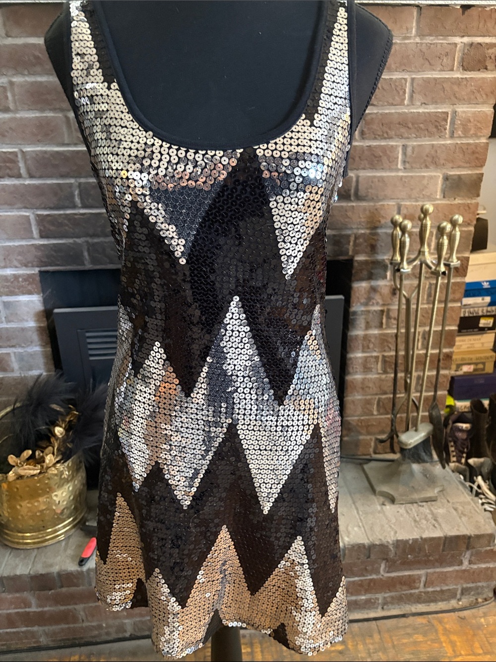julie's closet Black & Gold Sequin Chevron Mini Dress
